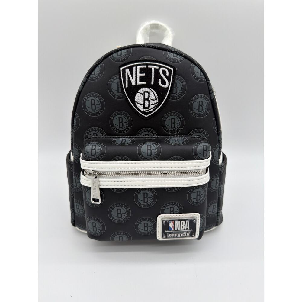 Loungefly NBA Brooklyn Nets Logo Mini Backpack Black gray white NWT